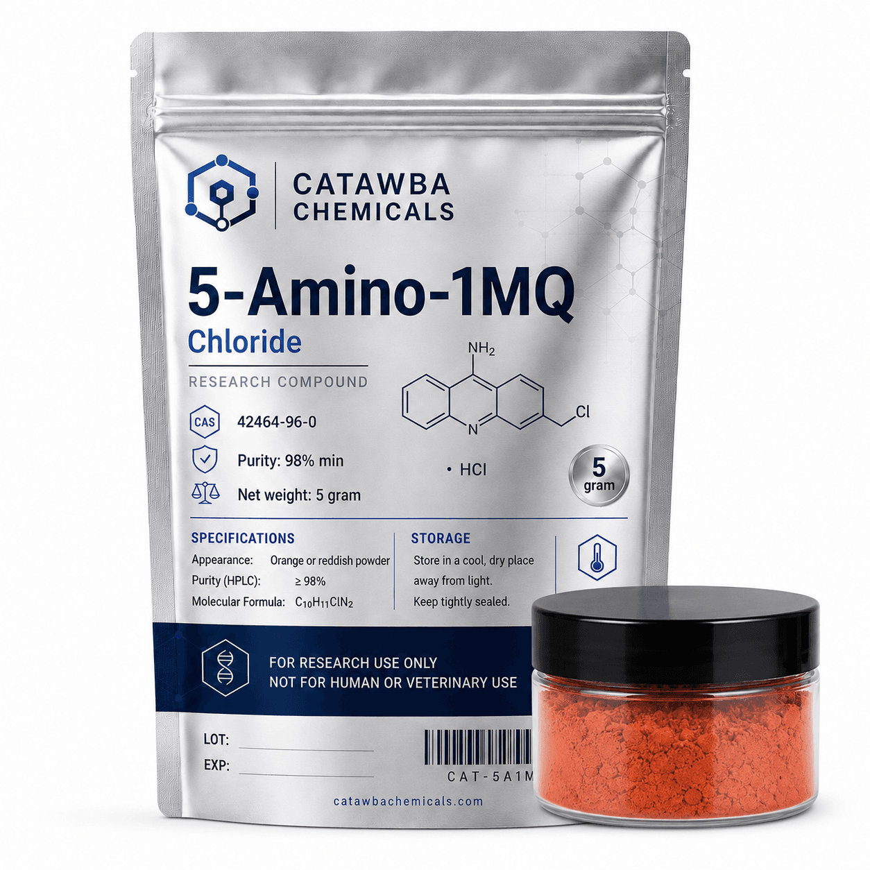 5-Amino-1MQ, 5-Amino-1-methylquinolinium Chloride Powder, CAS 42464-96-0 research compound vial — 98+% purity, for laboratory research use only